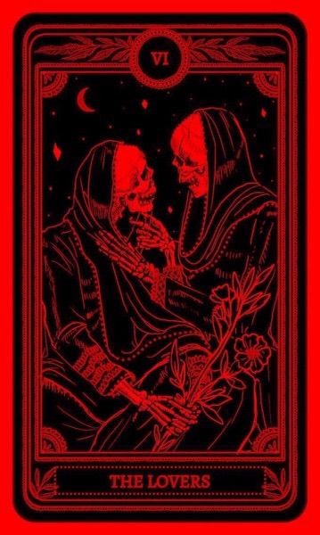 a red and black poster with two skeletons holding each other