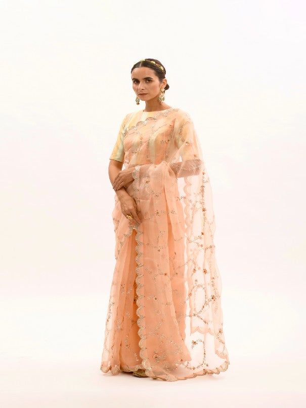 Featuring a Peach saree in silk organza base with dainty handwork of French knots and hand folded gota Patti flowers which is beautifully incorporated in a handcrafted gota Patti Jaal. It is paired with matching Modal Satin Petticoat and Pure Silk Stitched Blouse. Fabric: Pure Silk Organza, Pure Raw Silk, Pure Modal Satin Lining Fabric - Cotton Color: Peach Emboridery & Embellishments: Gota Patti and French Knots Blouse Neck: Crew / Jewel neck Fit: Fitted at bust and waist Note: The product will Peach Saree, Knotted Blouse, Blouse Neck, French Knots, Silk Organza, Jewel Neck, Blouse Fabric, Raw Silk, Lining Fabric