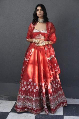 Shop for Tamaraa By Tahani Silk Taffeta Embroidered Lehenga Set for Women Online at Aza Fashions Red Organza Anarkali Set For Festivals, Red Lehenga With Mirror Work And Traditional Drape, Festive Red Lehenga With Mirror Work, Red Organza Anarkali Set For Festive Occasions, Traditional Embellished Choli For Celebration, Traditional Red Gown With Mirror Work, Red Anarkali Embroidered Fabric With Mirror Work, Red Art Silk Sets With Mirror Work, Red Organza Embroidered Fabric For Eid