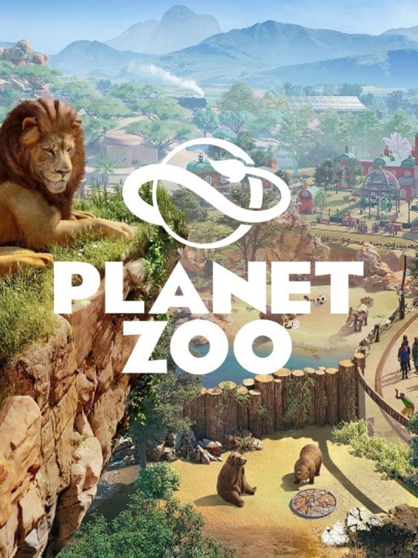 the planet zoo logo is shown above an image of two lions on top of a mountain