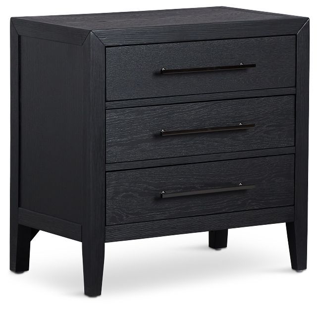 a black night stand with three drawers and one drawer on the bottom, in front of a white background