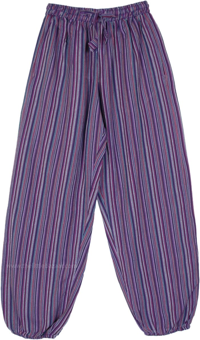 Light and fun elastic cuffed ankle breezy harem pants, relaxed fit through thighs, with striped handloomed cotton fabric in purple. It features an elastic waist with a flexible drawstring and two deep side pockets on either side and one pocket at the back. #tlb #SplitSkirtsPants #Pocket #Yoga #vacationclothing #beachwrap #Striped #bohemianfashion #cottonharempants #harempantswithpockets #elasticwaistharempants #bohopants #summercottonpants Striped Harem Pants, Long Cotton Skirt, Cotton Harem Pants, Yoga Beach, Cotton Pajama Pants, Beach Lounge, Handloom Fabric, Hippie Look, Scarf Shirt