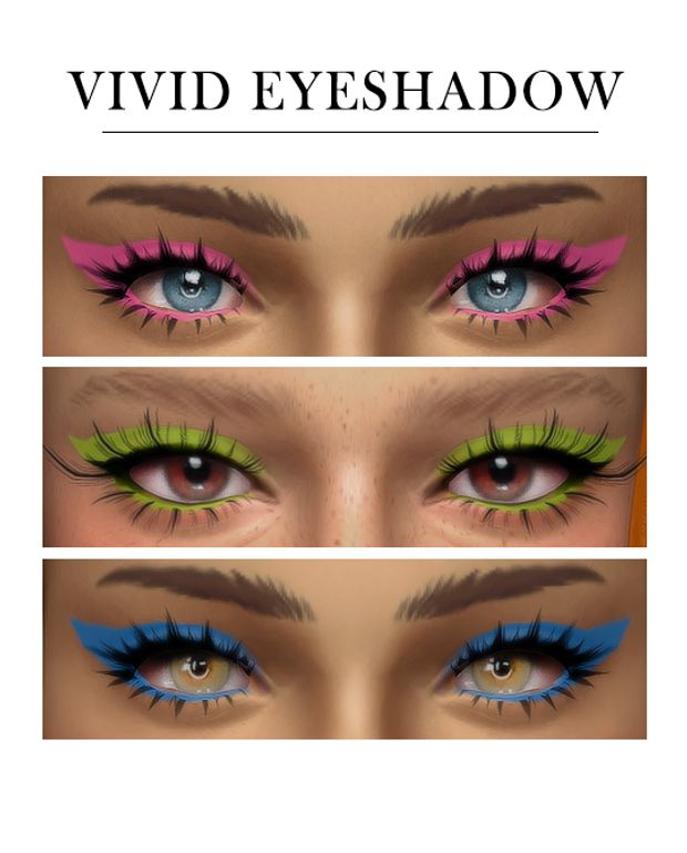 three different views of the eyes of a woman with bright blue and pink makeup, one is