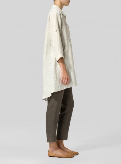 Linen Classic Collar A Shape Tunic Tunics With Jeans, Linen Tunic For Daywear In Spring, Spring Linen Tunic For Daywear, Elegant Linen Tunic For Fall, Elegant Linen Tunic For Daywear, Beige Linen Tunic With Relaxed Fit, Casual Linen Tunic For Spring, Fall Lagenlook Linen Tunic, Linen Tunic For Loungewear