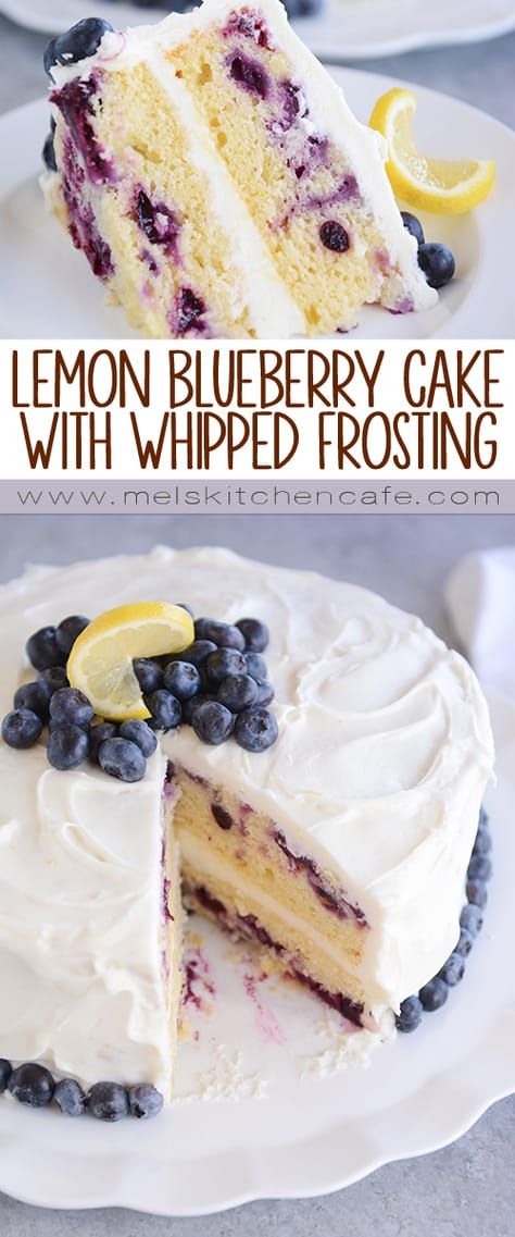 lemon blueberry cake with whipped frosting and fresh blueberries on the top slice