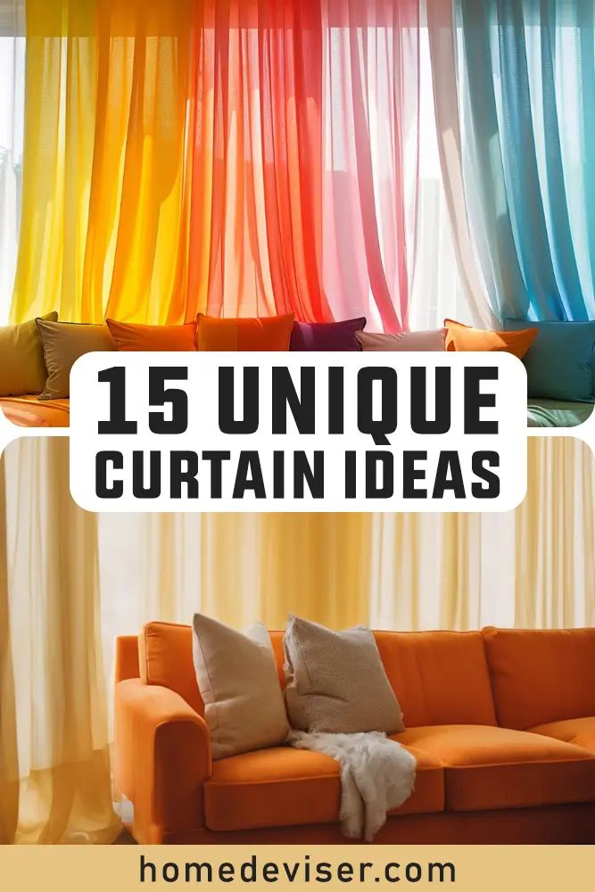 an orange couch sitting in front of curtains with the words 15 unique curtain ideas on it