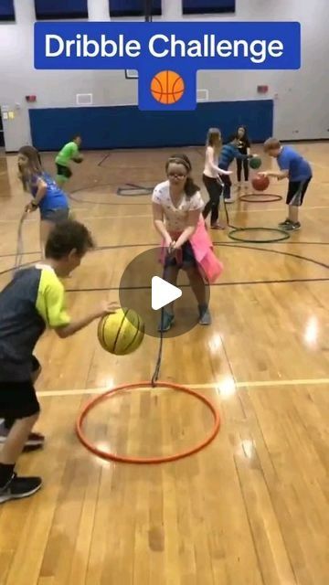 young children playing basketball in an indoor gym with the words dribble challenge on it