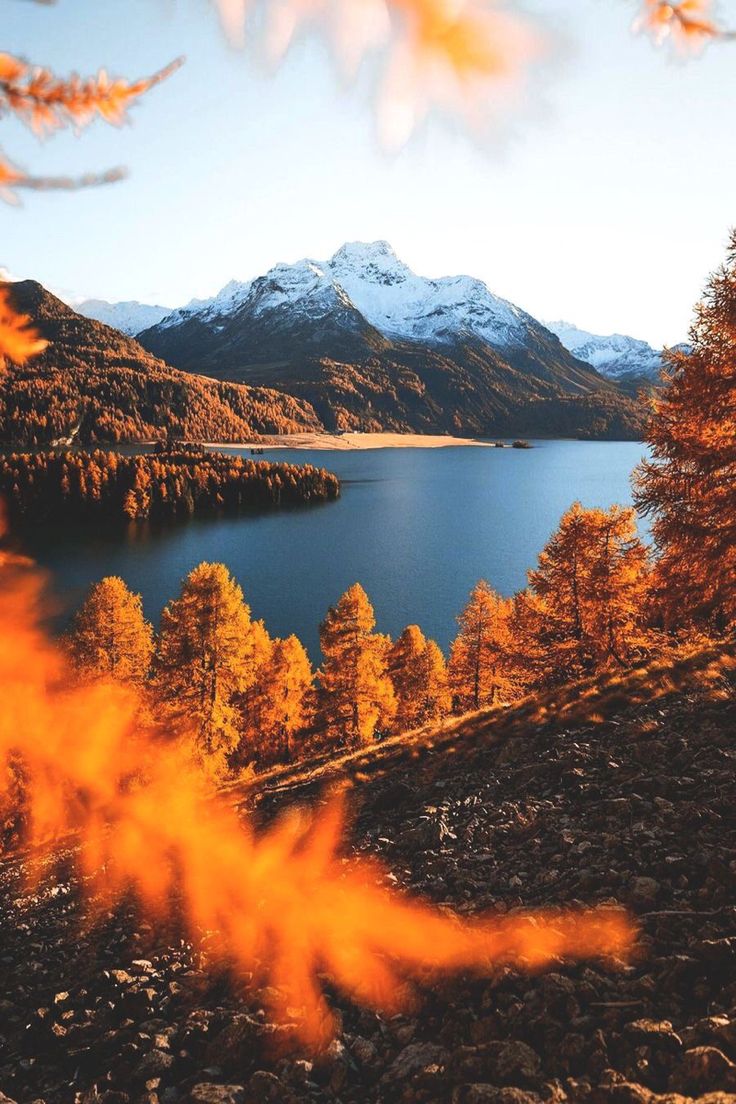 a lake surrounded by trees and snow covered mountains