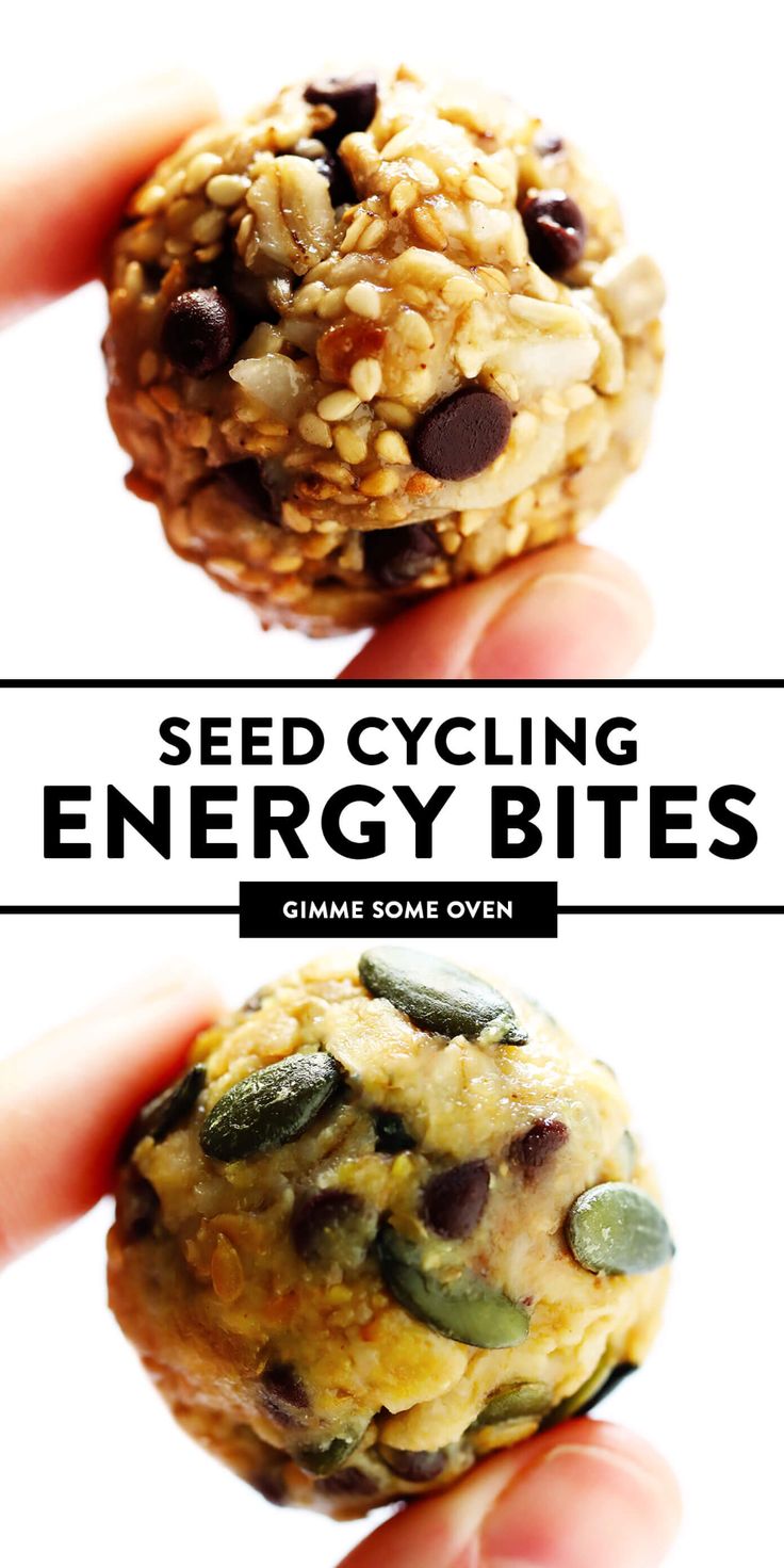 a hand holding an energy ball in front of the words seed cycling energy bites