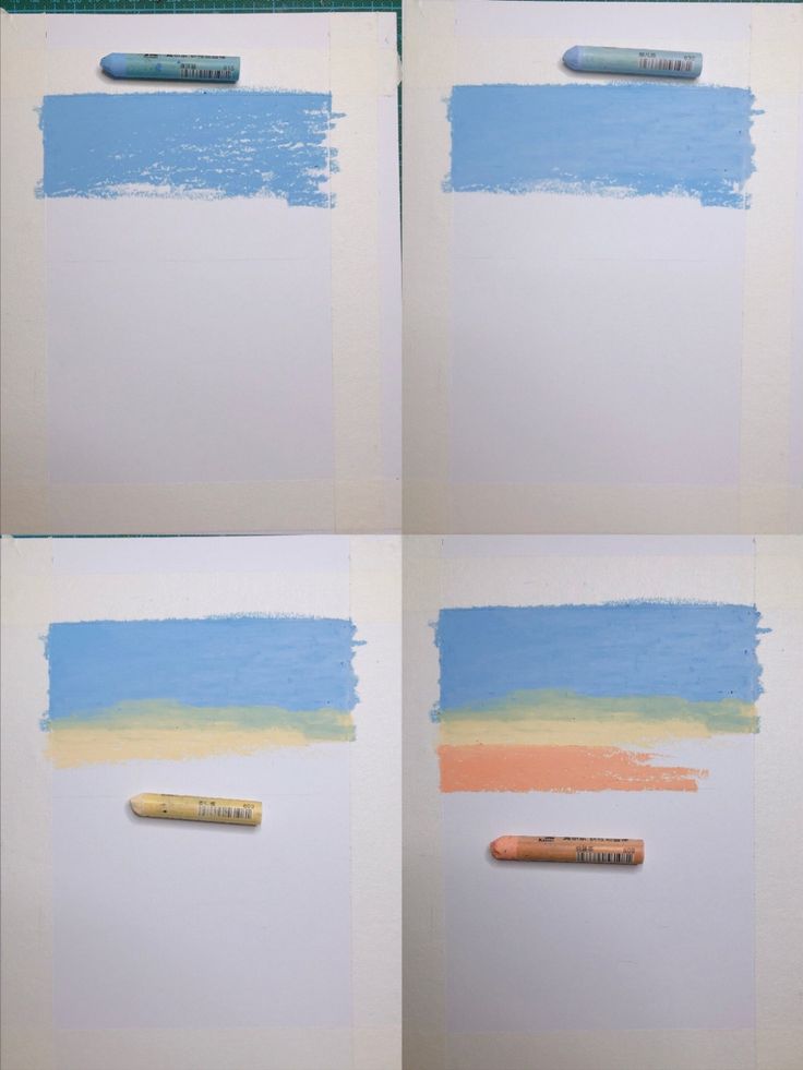 four pictures of different shades of blue, orange and yellow with some crayons on them