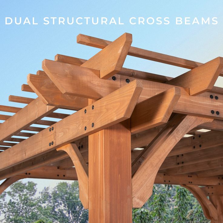 a wooden structure with the words dual structural cross beams above it and trees in the background