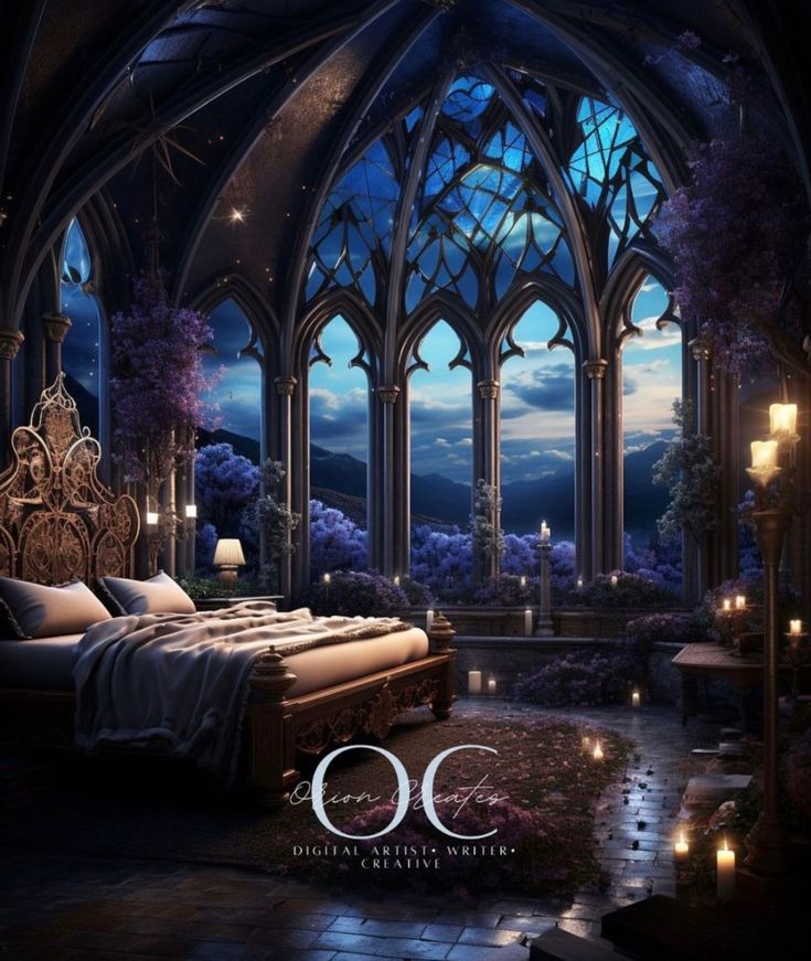 an image of a bedroom scene with the moon in the sky and candles on the floor