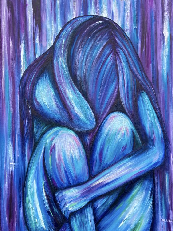 a painting of a blue woman with her arms around her head and hands on her chest