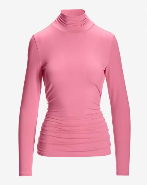 This versatile long-sleeve knit top effortlessly combines comfort and style. The ruched detailing flatters the figure, while the turtleneck keeps you cozy and on-trend. Elevate any ensemble with this must-have wardrobe staple. | Boston Proper - Phlox Pink - So Chic Ruched Turtleneck Top - Large Chic Fall Tops With Ruched Detail, Chic Ruched Tops For Fall, Trendy Fall Long Sleeve Top In Elastane, Chic Solid Turtleneck For Spring, Fitted Ruched Tops For Winter, Winter Ruched Fitted Tops, High Stretch Turtleneck Long Sleeve Top For Spring, Trendy Elastane Long Sleeve Top For Fall, Ruched Trendy Top For Fall