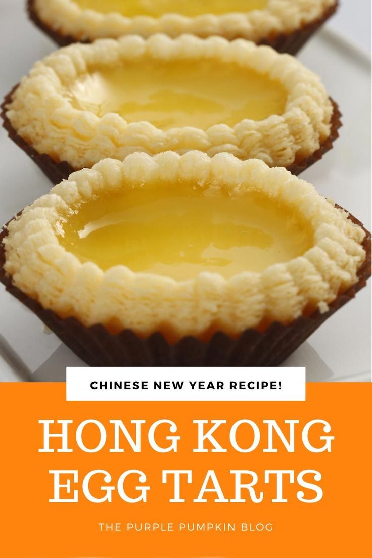 three small pies with the words hong kong egg tarts