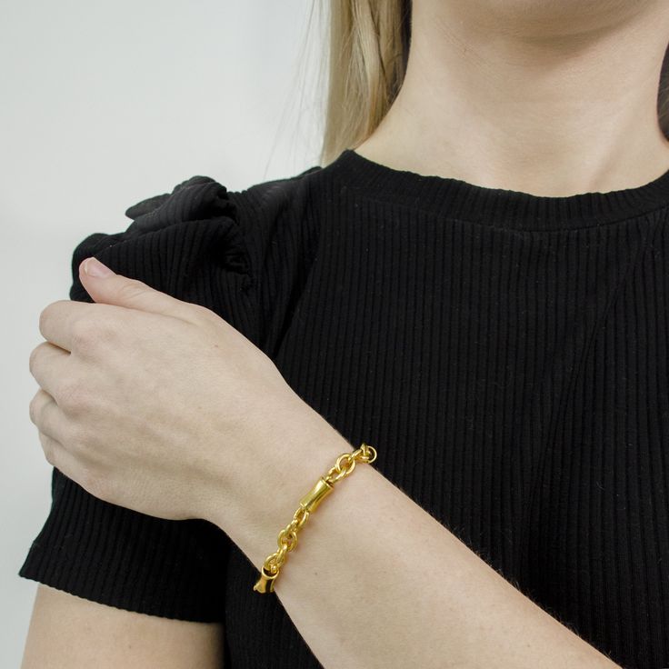 The Gold Link Collection Measurements: 7"L Metal: Brass 24 kt gold electroplated Toggle Closure Hand made in New York City, USA Made to order Questions? Dainty Gold Chain, Gold Chain Bracelet, Fashion Silhouette, Gold Link, 24kt Gold, Gold Bracelet Chain, City Design, Classic Gold, Gold Collection