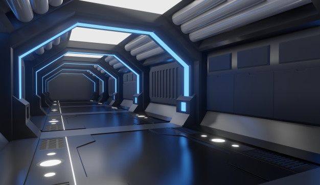 a sci - fi space station corridor with lights on the ceiling and no people in it