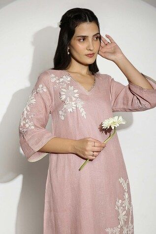 Blush pink anchor thread hand embroidered tunic featuring 3D embossed gold petal floral work. Paired with a pant. - Aza Fashions Pink V-neck Kurta For Spring, Spring Wedding Straight Kurta Top, Elegant Resham Embroidery Tunic For Spring, V-neck Kurta With Floral Embroidery For Spring, Elegant Straight Kurta Tunic For Spring, Spring V-neck Kurta With Floral Embroidery, Floral Embroidery V-neck Kurta For Spring, Elegant Spring Straight Kurta Tops, Elegant Spring Tunic Straight Kurta