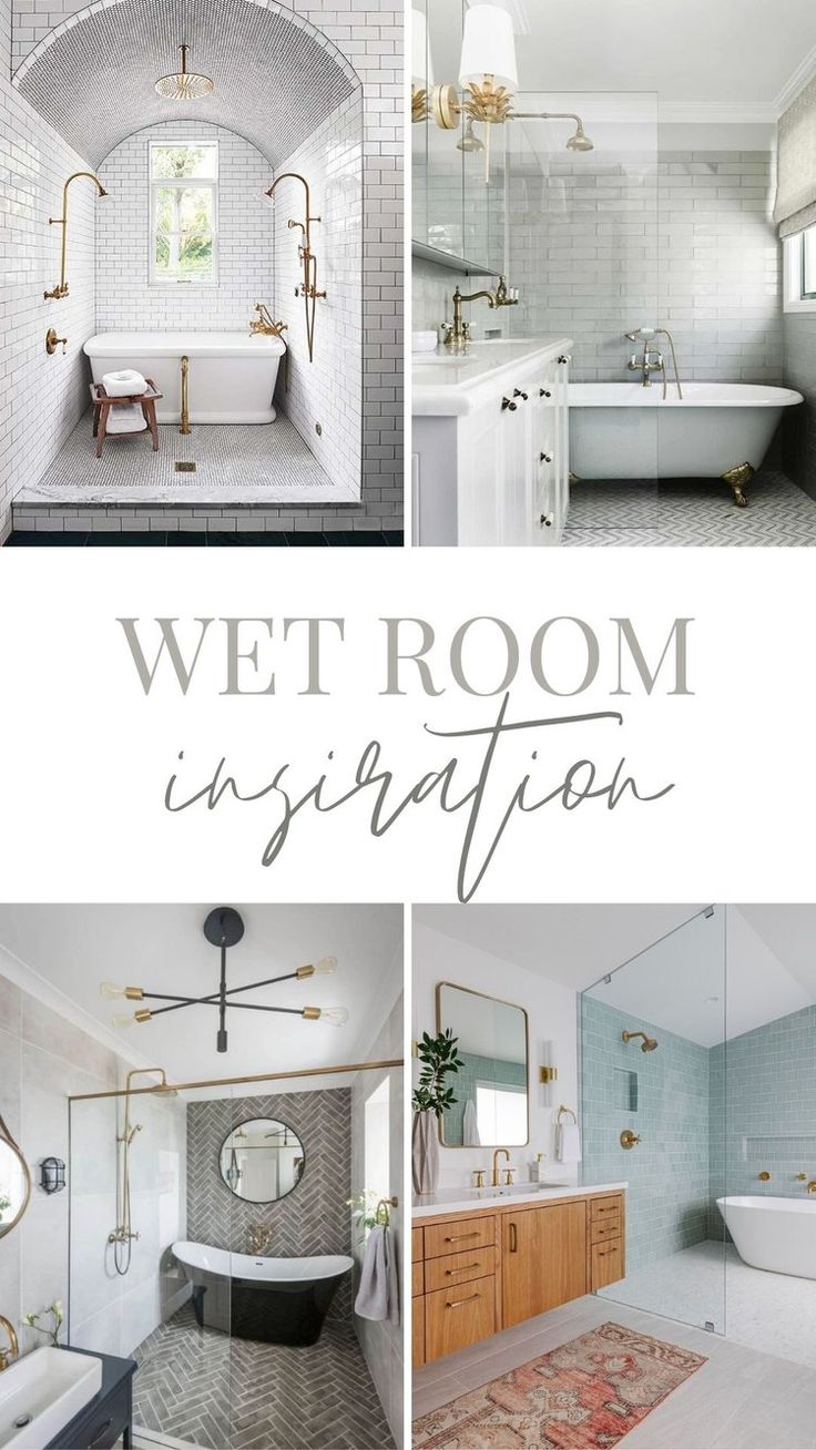 a collage of photos with the words wet room inspiition in white and gold