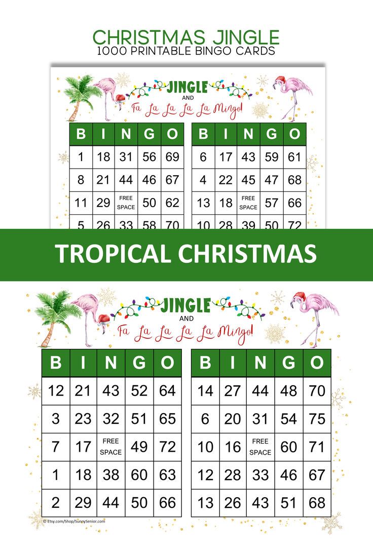 two christmas bingo cards with the numbers in green and white, one has flamingos on it