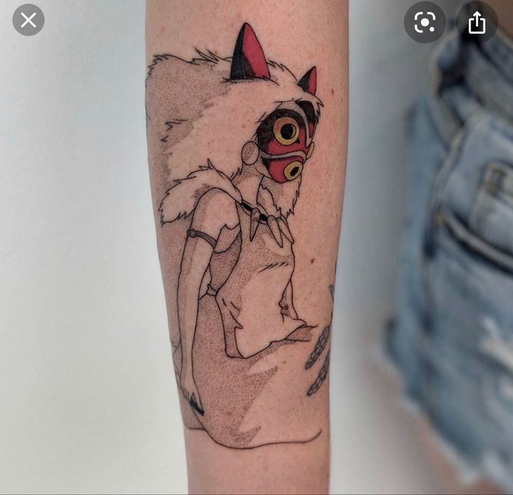 a woman's leg with a tattoo on it that has an image of a cat