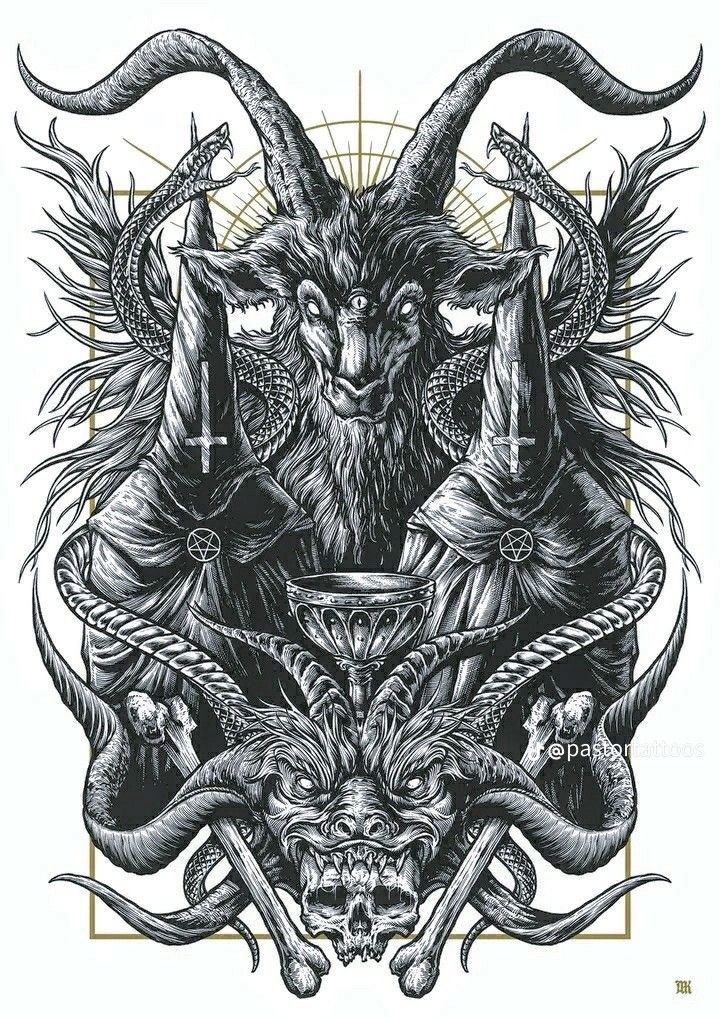 an image of a demon with horns on it's head, surrounded by other demonic creatures