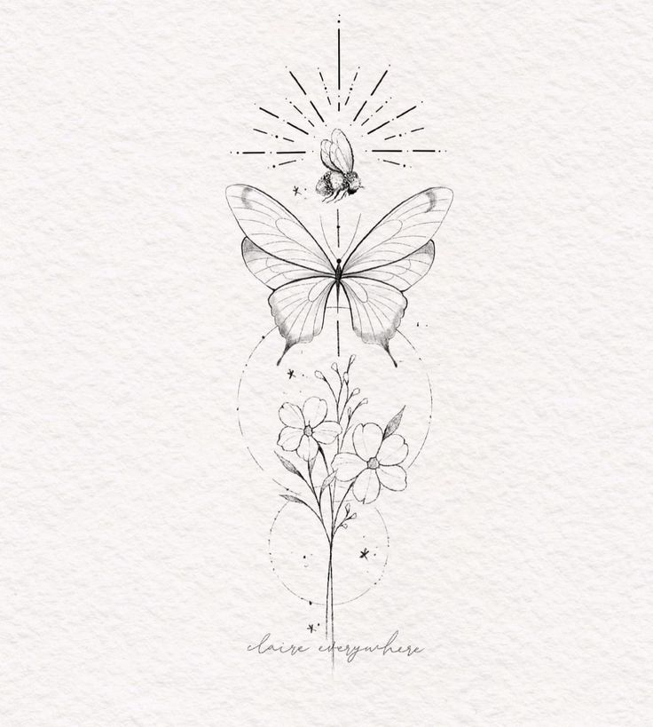 a black and white drawing of a butterfly with flowers on it's back side