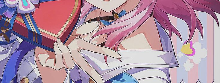 an anime character with pink hair and blue eyes holding a red object in her hand