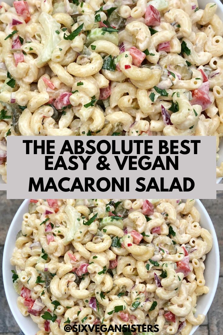 two bowls filled with macaroni salad and the words, the absolute best easy and vegan macaroni salad