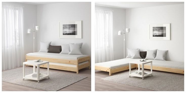 two photographs of a living room with white furniture