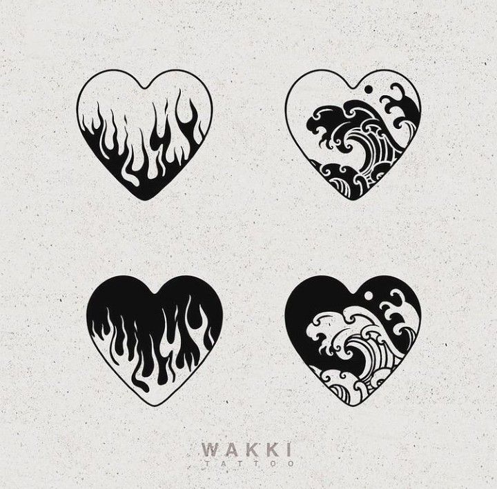 four heart shaped tattoos with flames and waves in the shape of hearts on a white background