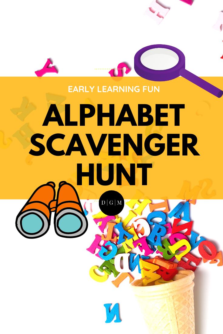 an alphabet scavenger hunt for early learning with letters and numbers in the background