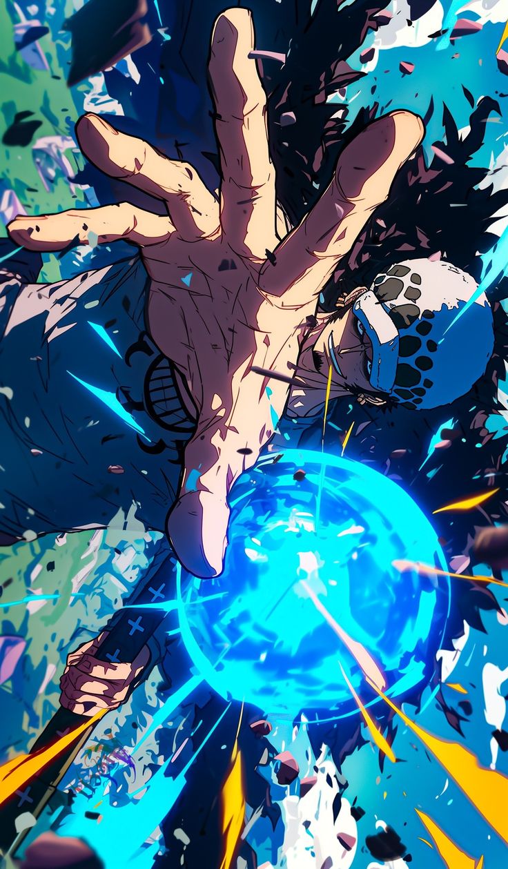 an anime character with his hand in the air, surrounded by blue and yellow splots