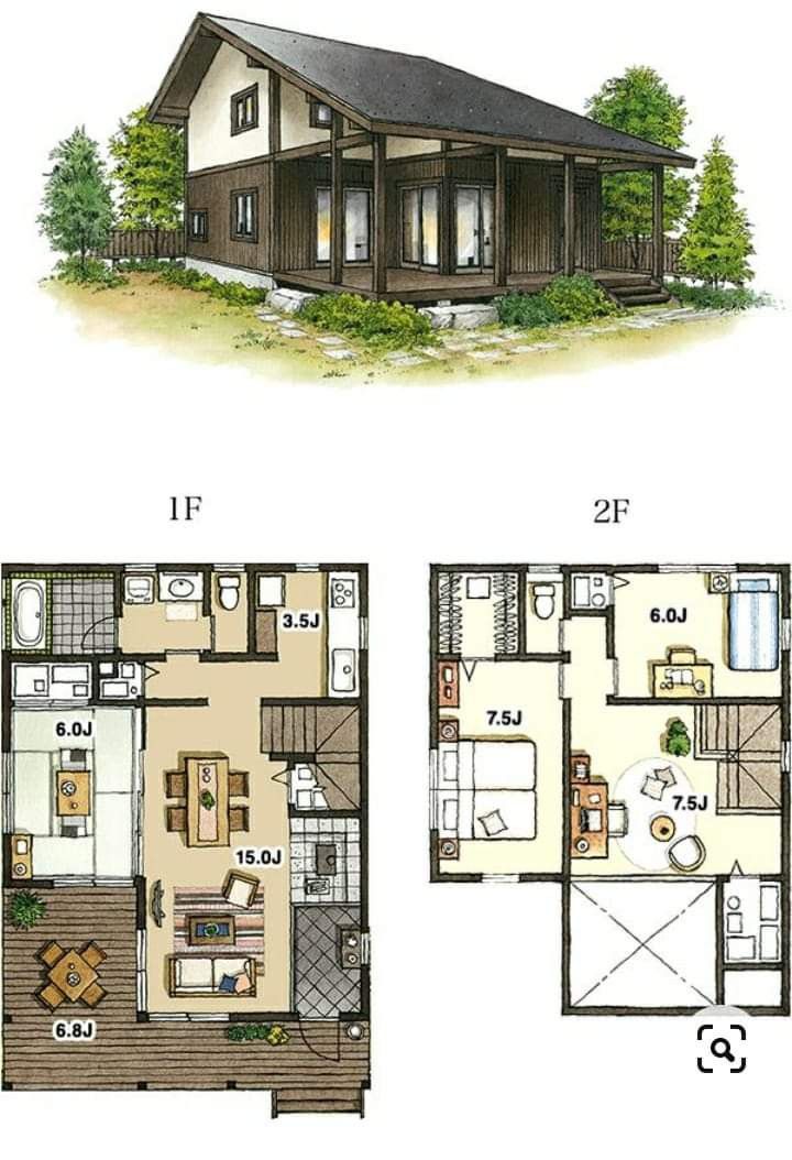 two floor plans for a small cabin with lofts and living areas, including the kitchen