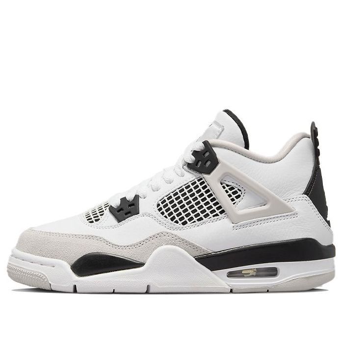 Experience classic style and modern performance with the Air Jordan 4 Retro GS 'Military Black' for grade schoolers. Released in May of 2022, this retro shoe will add a vintage touch to your look, yet keeps up with the ever-changing trends with its muted color palette and breathable design. It features a white sole and base combined with suede and leather overlays as well as mesh side panels that provide plenty of support for every activity. This is a must-have accessory for classic style lovers Black Cat 4s, Red Thunder, Dr Shoes, Jordan 4s, Jordan Shoes Retro, All Nike Shoes, Cute Nike Shoes, Jordan Sneakers, Sneakers Adidas