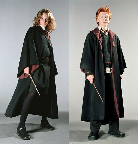 two pictures of people dressed in harry potter costumes, one is holding a wand and the other is wearing a robe