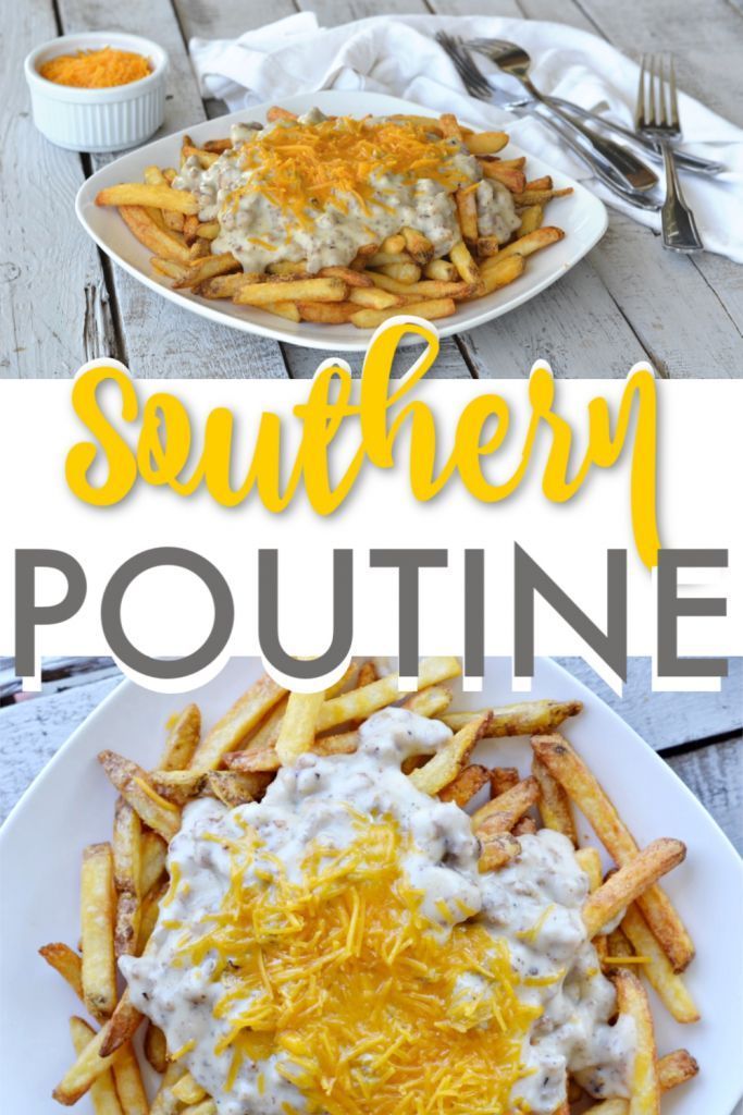 this southern poutine is loaded with cheesy potatoes and topped with sour cream