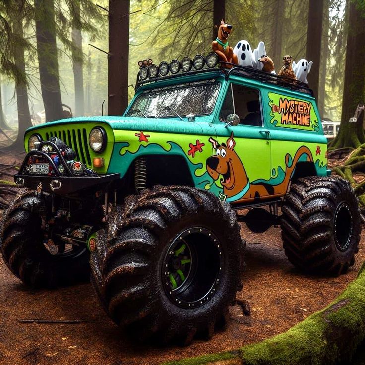 a green monster truck with cartoon characters on it's roof and four wheels parked in the woods