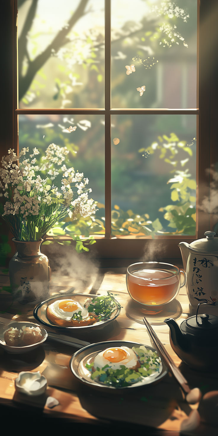 a table topped with plates of food next to a vase filled with flowers on top of a window sill