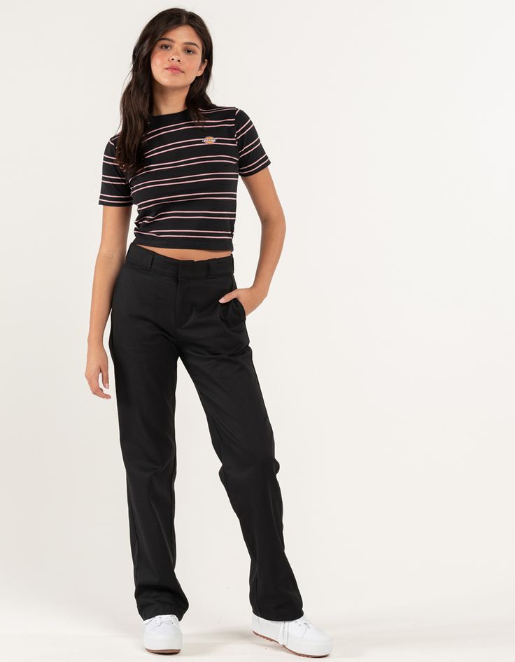 DICKIES Womens Work Pants - BLACK | Tillys Black Stretchy Pants Outfit, Styling Dickies Pants Women, Woman’s Dickies Outfits, Womens Dickies Pants, Dickies Work Pants Outfit, Cargo Work Pants Women, Women's Work Pants, Dickies Women’s Outfits, Black Dickies Pants Outfits Women