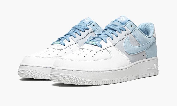 The Nike Air Force 1 Low ‘07 “Psychic Blue” is a tri-color makeup of the retro basketball and lifestyle shoe by Nike that was released in June 2021.  The “Psychic Blue” is a clean and casual look for summer and beyond that features a versatile color block consisting of white, grey, and light blue.  Smooth white leather appears on the perforated toe, lower eyelets, and forefoot.  Nike contrasts the look by constructing the mid-panel and middle eyelets in Football Grey tumbled leather.  Nike compl Air Bra, Retro Basketball, Color Makeup, Nike Air Force 1 07, Blue Heels, Nike Air Force 1 Low, Shoe Art, Air Force 1 Low, Nike Cortez Sneaker