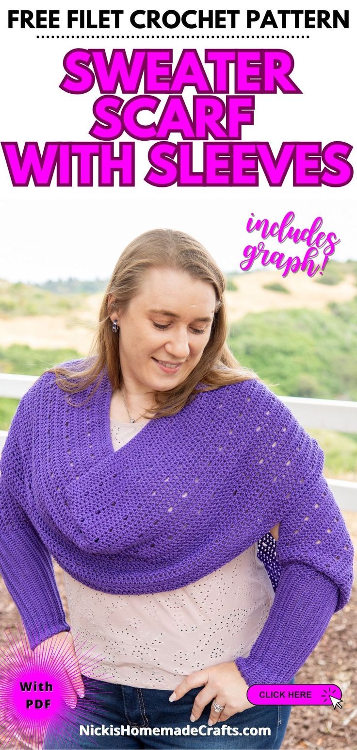 a woman wearing a purple knitted shawl with the text, free crochet pattern