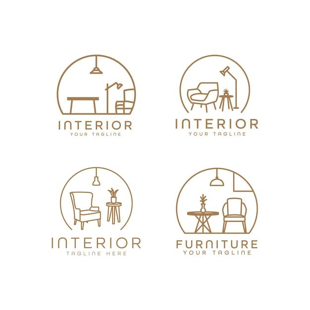 four logos for interior furniture stores, including a chair and table with a lamp on it