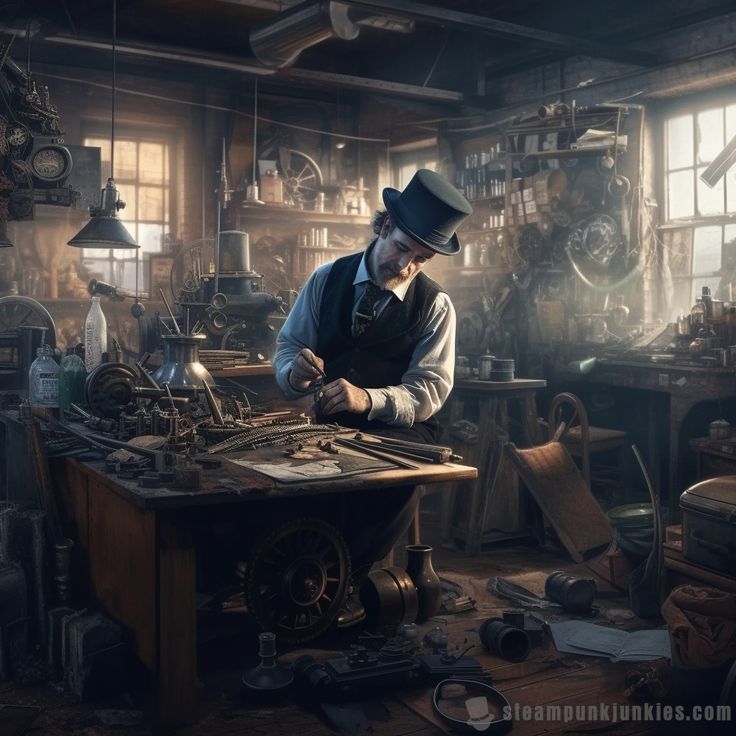 a man working on an old fashioned machine in a workshop with lots of work tools