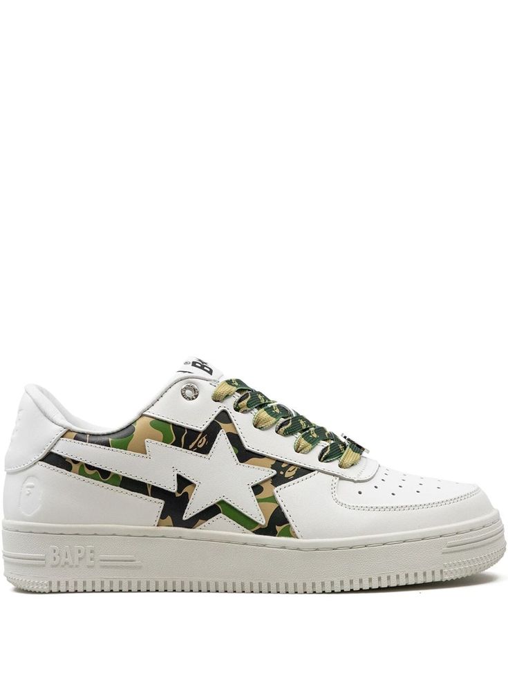 white leather signature BAPE STA™ logo signature ABC Camo pattern round toe front lace-up fastening logo patch at the tongue branded insole rubber sole These styles are supplied by a premium and authenticated sneaker marketplace. Stocking only the most sought-after footwear, they source and curate some of the most hard to find sneakers from around the world. Camo Sneakers Outfit, Bape Shoes, Camo Sneakers, Pretty Sneakers, Painted Canvas Shoes, Camo Shoes, Balenciaga Track, Green Sneakers, Painted Canvas