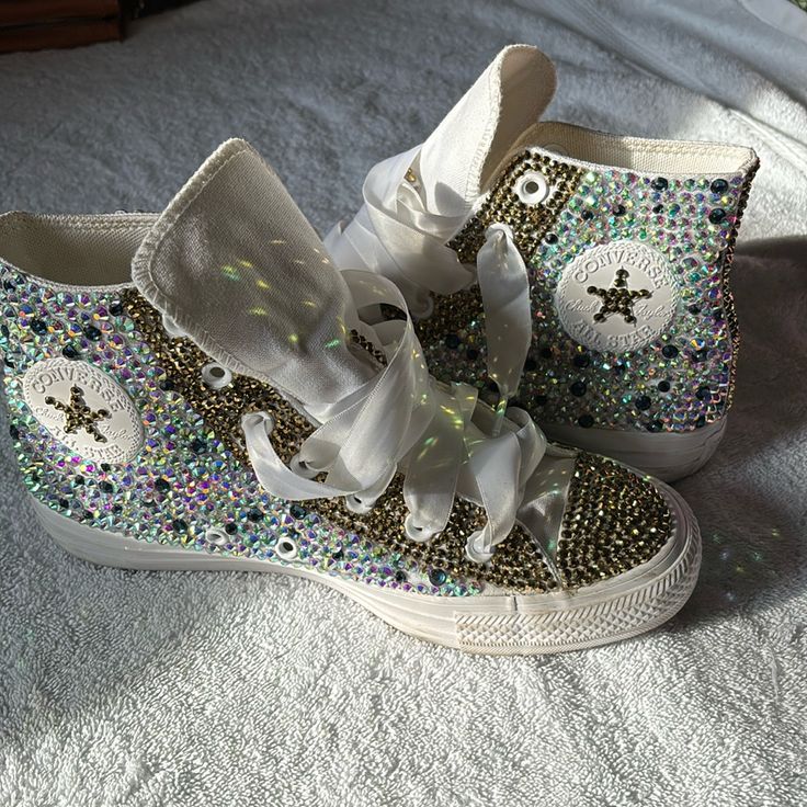 Converse Shoes Converse Decorated, Decorated Converse, Bedazzled Converse, Quinceañera Ideas, Custom Sneakers Diy, Custom Chuck Taylors, Cute Converse, Basic Shoes, Shoes Converse