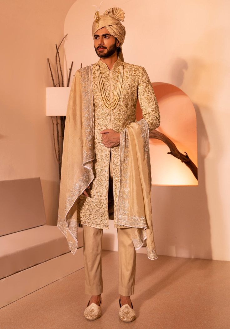 Nawab Gold Sherwani Set Shreyansh - Fabilicious Fashion Groom Indian Wedding Outfits, Gold Sherwani, Indian Wedding Suits Men, Indian Groom Dress, Indian Wedding Clothes For Men, Cutdana Work, Kurta Pants, Sherwani For Men Wedding, Wedding Outfits For Groom