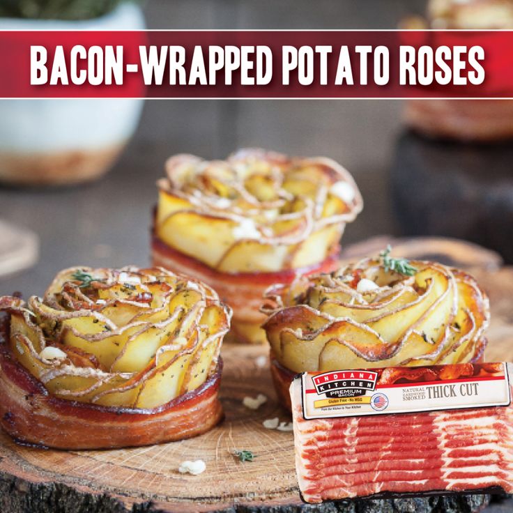 bacon wrapped potato roses on a cutting board