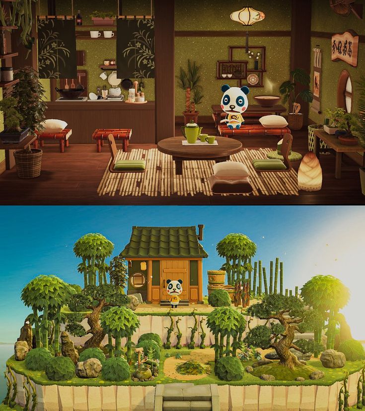 two pictures of the same room in different scenes, one with pandas and bamboo trees