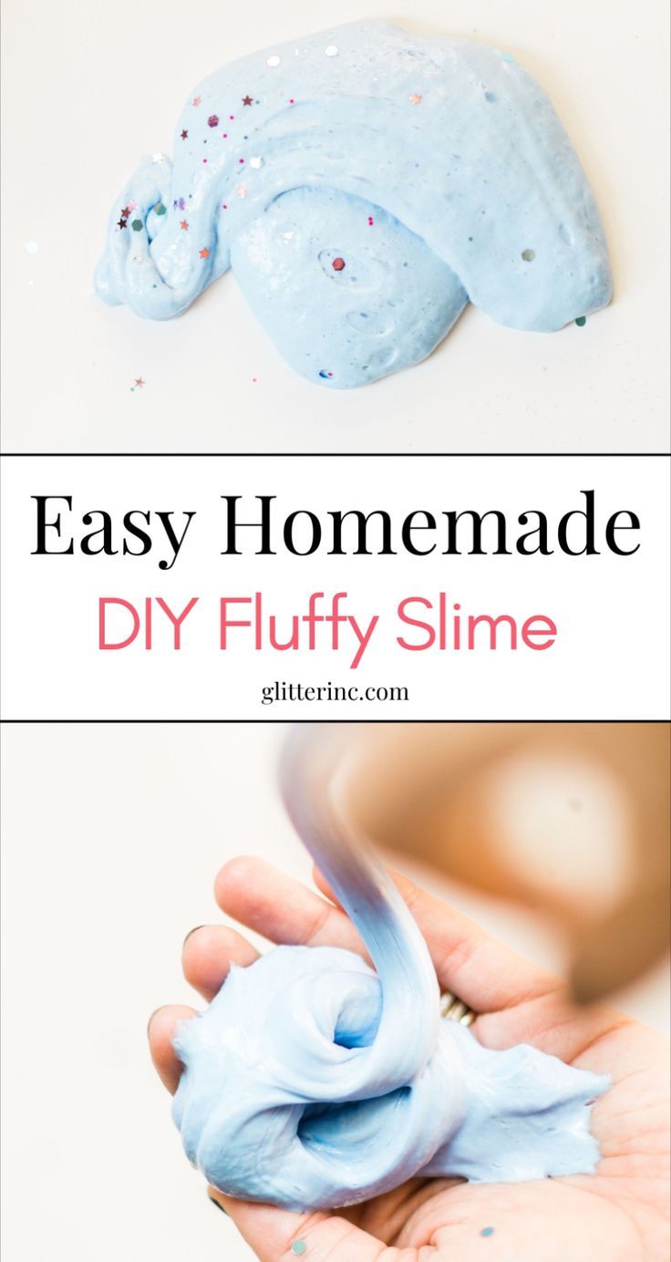 a hand holding a blue slime in it's palm with the text easy homemade diy fluffy slime